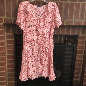 Boohoo red and white woven print ruffle tea dress